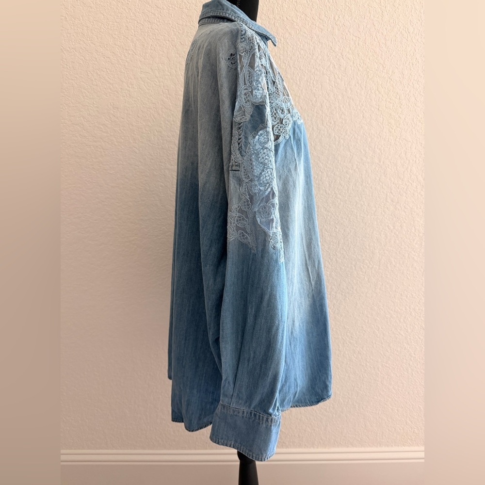 Women’s Oversized Denim Button Up Shirt 100% Cotton | Lace Detail - Picture 4 of 7